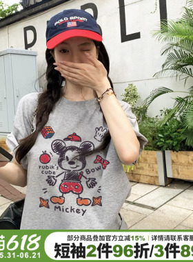 2026夏季新款灰色短袖t恤女韩版减龄卡通米奇印花宽松休闲上衣潮