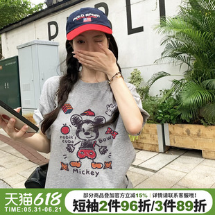 2026夏季新款灰色短袖t恤女韩版减龄卡通米奇印花宽松休闲上衣潮