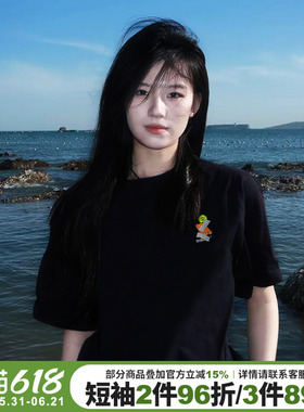 超火ins风设计感街头潮牌黑色正肩t恤女短袖2026新款宽松显瘦上衣