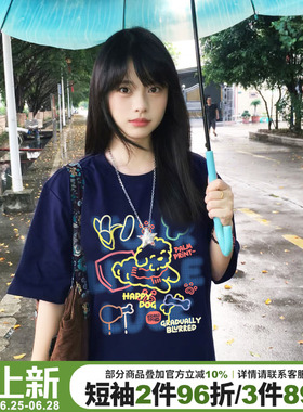 超显白藏蓝色短袖t恤女2026夏季新款大版显瘦设计感卡通潮牌上衣