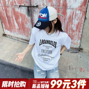 街头风设计感白色短袖 上衣夏 t恤女美式 复古字母印花宽松纯棉半袖