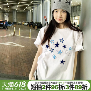 美式复古星星印花白色短袖t恤女2026新款ins风百搭纯棉正肩上衣夏