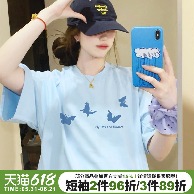 夏季新款韩系chic风减龄奶蓝色短袖t恤女宽松休闲百搭半袖上衣潮