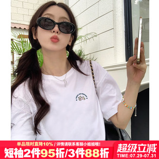 女夏 2025新款 设计感小众简约白色正肩t恤女短袖 宽松大码 纯棉半袖
