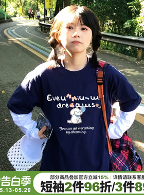 2026夏季新款藏蓝色短袖t恤女韩系可爱风宽松减龄小个子正肩上衣