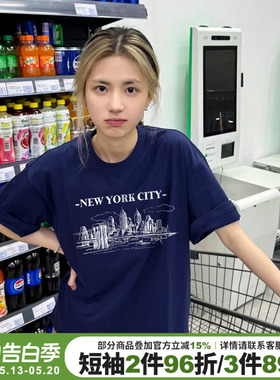 美式学院风设计感显白藏蓝色短袖t恤女oversize宽松纯棉正肩上衣