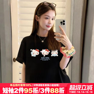 正肩上衣潮 新款 chic可爱甜美风超火凯蒂猫印花黑色短袖 t恤女夏季