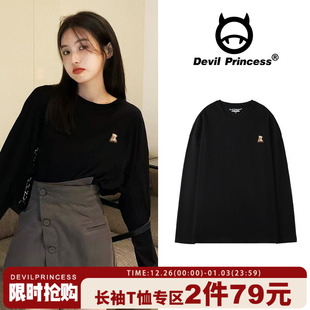 复古港风黑色长袖 学院风秋冬上衣 t恤女宽松小众设计感ins纯棉半袖