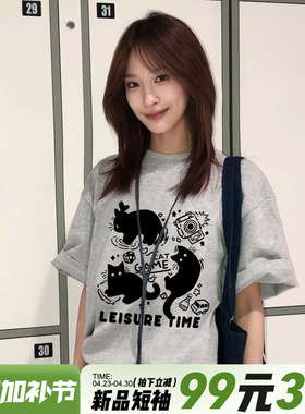 美式休闲风小众设计猫咪印花灰色短袖t恤女大版显瘦重磅半袖上衣