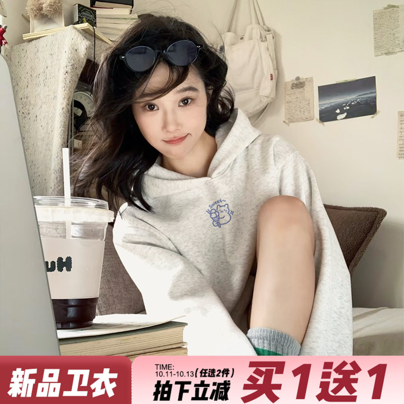 日常宽松休闲百搭花灰色卫衣女秋