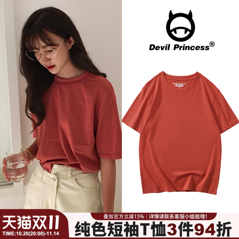 复古纯棉女t恤短袖t恤chic砖红色