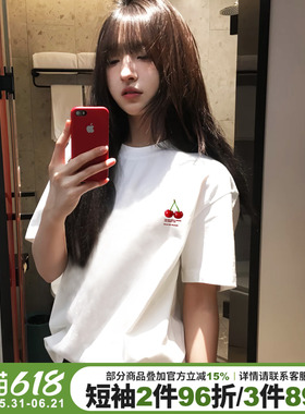 超好看ins风白色短袖t恤女设计感樱桃印花简约休闲宽松纯棉上衣夏