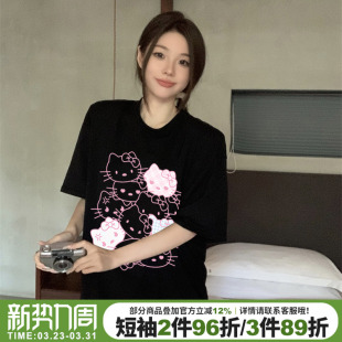 vibe甜酷风宽松显瘦黑色短袖 t恤女超火设计感卡通印花正肩上衣夏