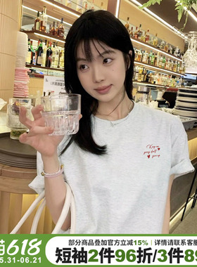 高级感韩系简约风花灰色短袖t恤女宽松显瘦百搭字母印花半袖上衣