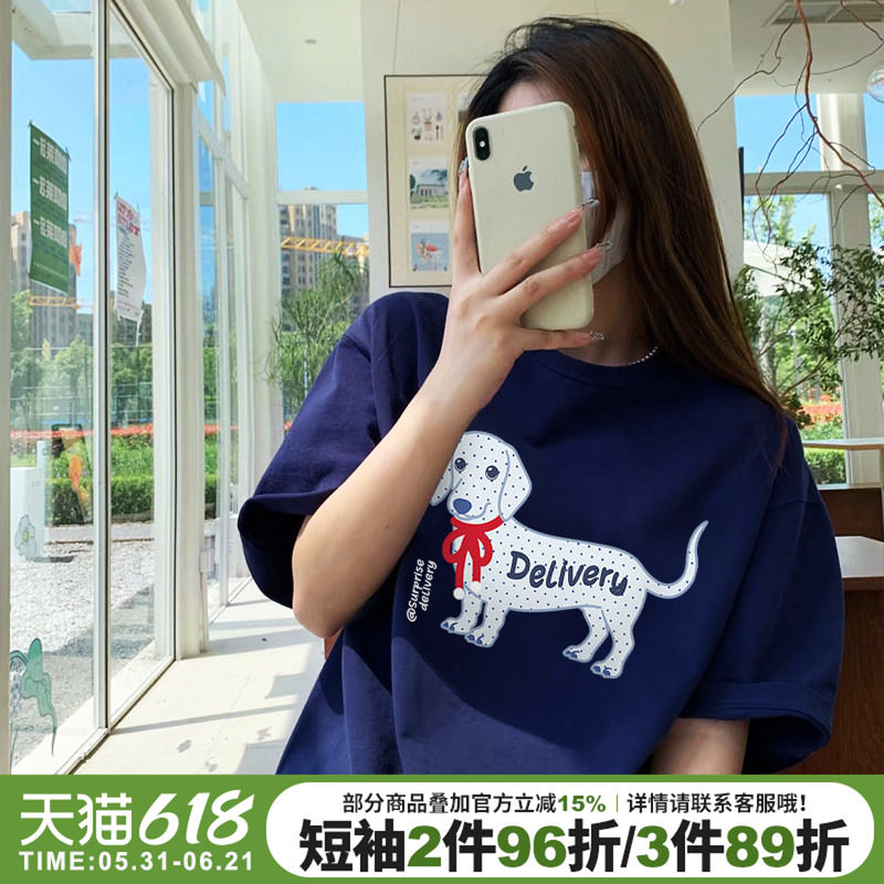 美式学院风宽松显瘦藏蓝色短袖t恤女高级感休闲腊肠狗印花上衣潮