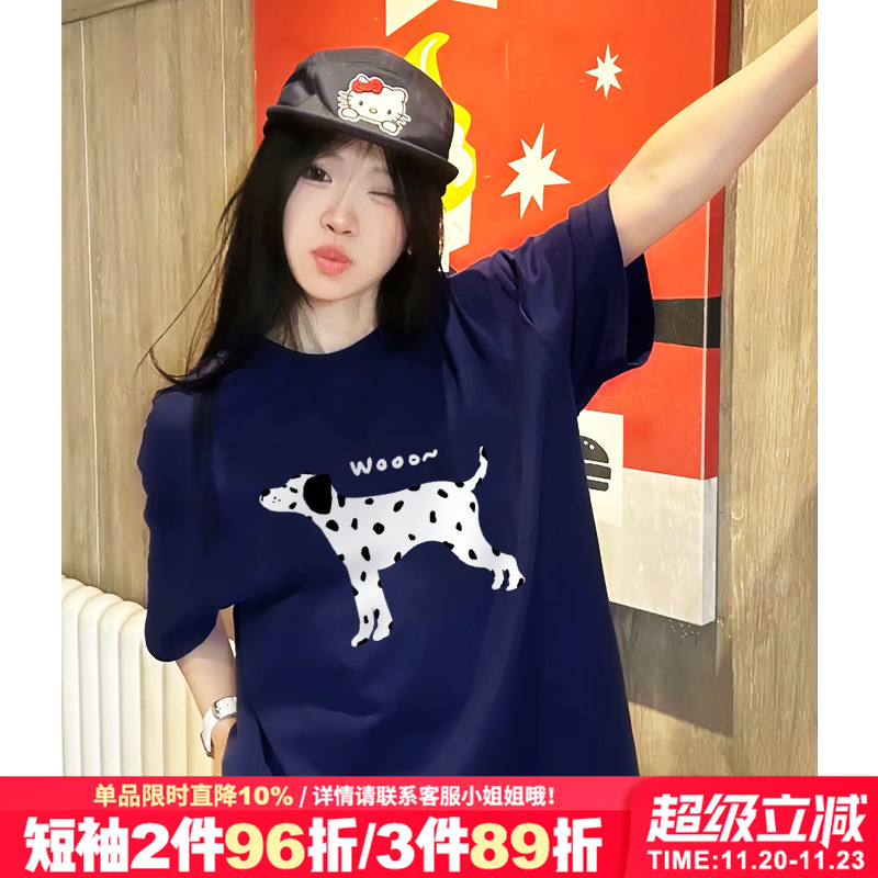 美式甜酷风斑点狗印花藏蓝色短袖t恤女夏季新款设计感宽松上衣潮