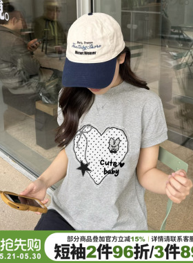 chic小众学院风设计感正肩灰色短袖女t恤宽松韩版减龄纯棉上衣夏