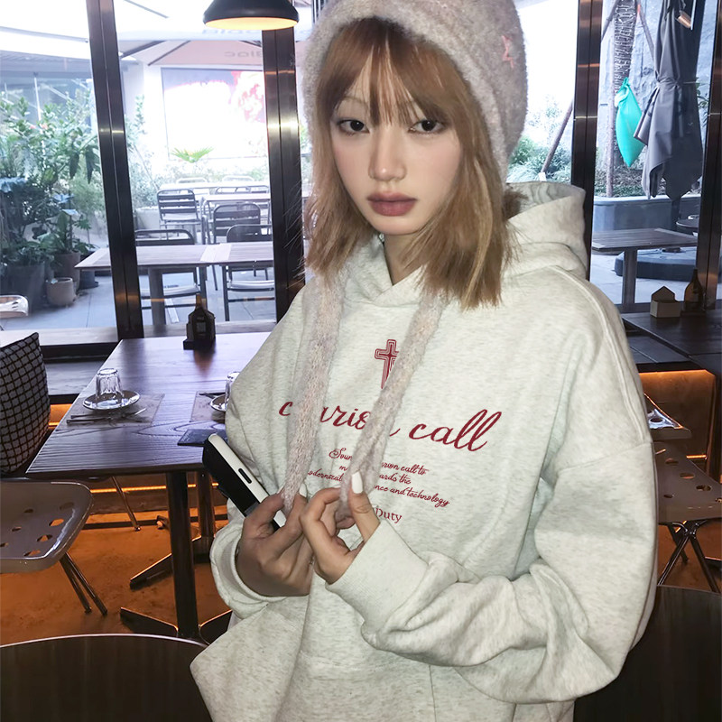 美式学院风宽松重磅花灰色连帽卫衣女小众设计感潮牌加绒加厚外套