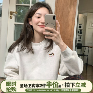 韩系慵懒风宽松休闲花灰色卫衣女小众设计感卡通狗狗印花套头上衣