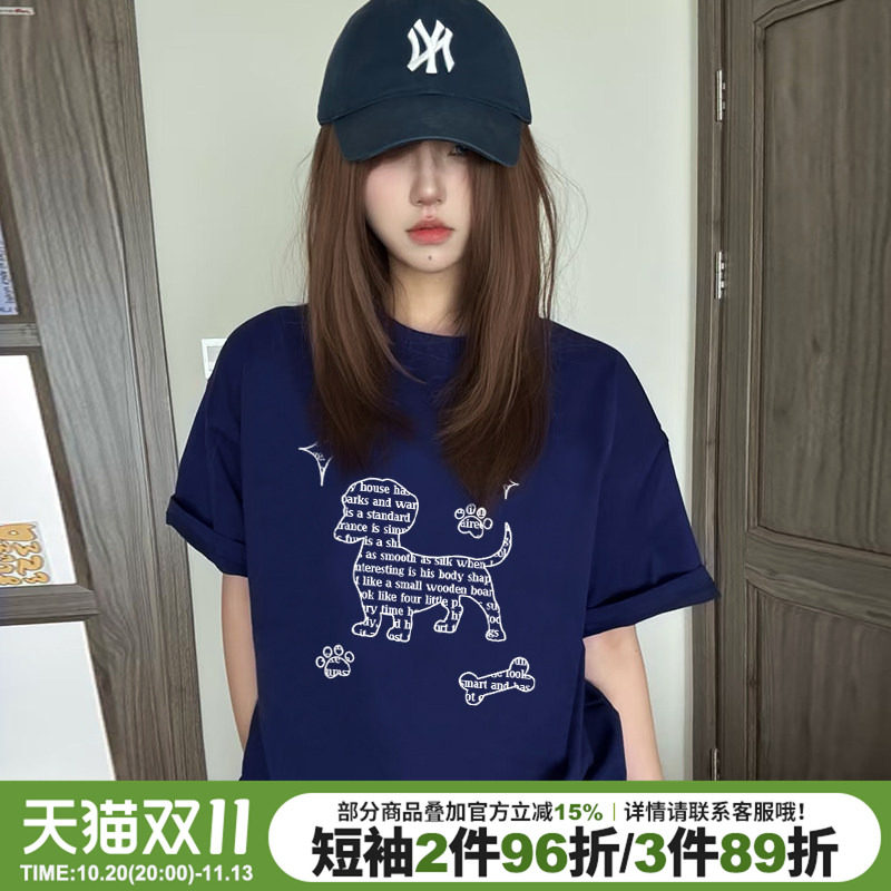 街头风设计感腊肠狗字母印花藏蓝色短袖t恤女宽松显白正肩上衣潮