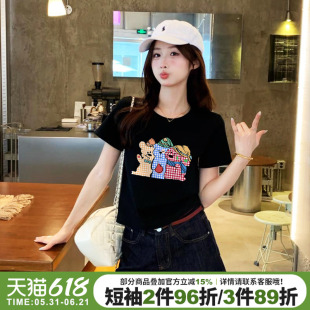 2026夏季新款宽松显瘦黑色短款t恤女设计感卡通印花纯棉半袖上衣