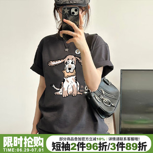 美式复古风卡通狗狗印花深灰色短袖t恤女oversize宽松半袖上衣夏