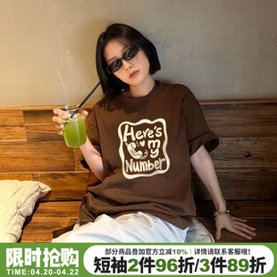 vintage美式复古休闲风咖啡色短袖t恤女宽松大版设计感半袖上衣潮