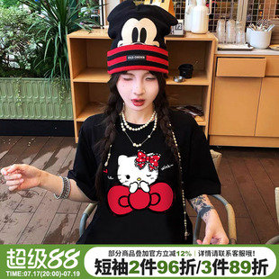 超好看韩系甜酷风卡通印花黑色短袖t恤女夏季宽松显瘦正肩上衣潮