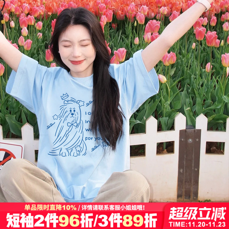 夏季chic小个子盐系减龄奶蓝色短袖t恤女设计感狗狗印花半袖上衣