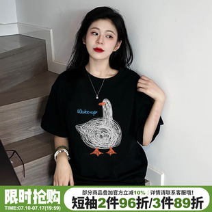 ulzzang小众涂鸦风黑色正肩t恤女短袖宽松减龄纯棉重磅半袖上衣夏