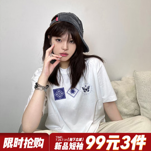 上衣 美式 高街设计感潮牌白色正肩t恤女短袖 夏季 宽松纯棉重磅半袖