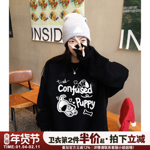 ulzzang小众可爱风卡通印花黑色卫衣女2025秋冬新款加绒加厚上衣