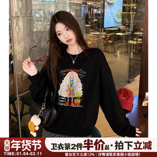 美式复古学院风宽松黑色卫衣女ulzzang小众超火秋冬加绒重磅上衣