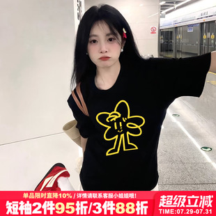 2025夏季 t恤女chic韩系可爱卡通印花上衣 新款 甜美风减龄黑色短袖