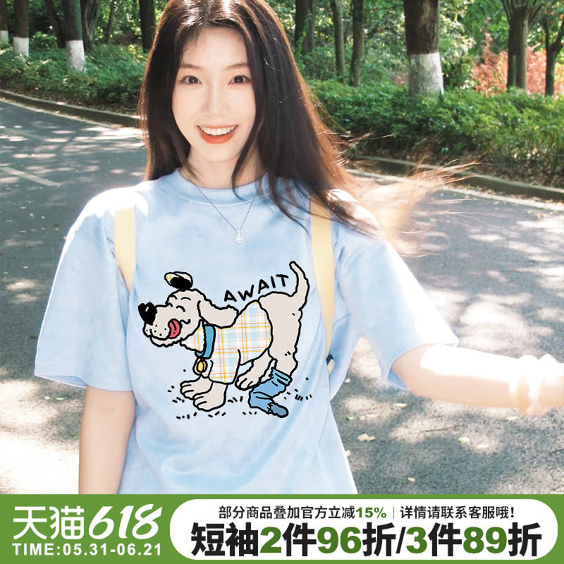 2026新款chic学院风卡通印花奶蓝色短袖t恤女宽松正肩半袖上衣夏