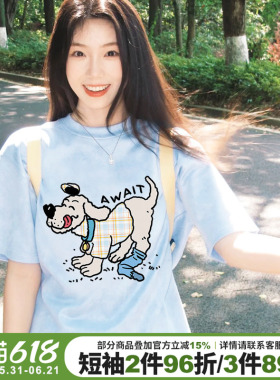 2026新款chic学院风卡通印花奶蓝色短袖t恤女宽松正肩半袖上衣夏