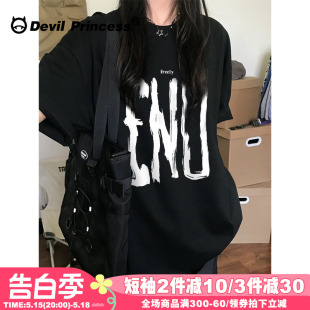 设计感高街ins风潮牌黑色短袖 宽松纯棉正肩上衣 t恤女2024早春新款