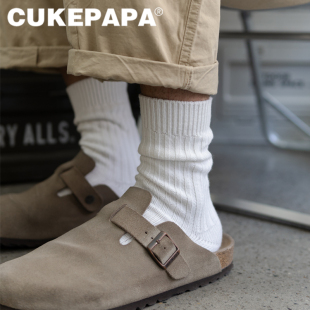 秋冬粗线针织透气户外工装 风中筒长袜日潮男袜子白色棉袜简约