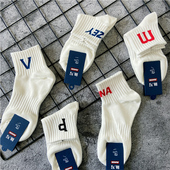 5双白色袜子个性 字母潮袜中筒袜男纯棉运动袜夏季 薄透气百搭短袜