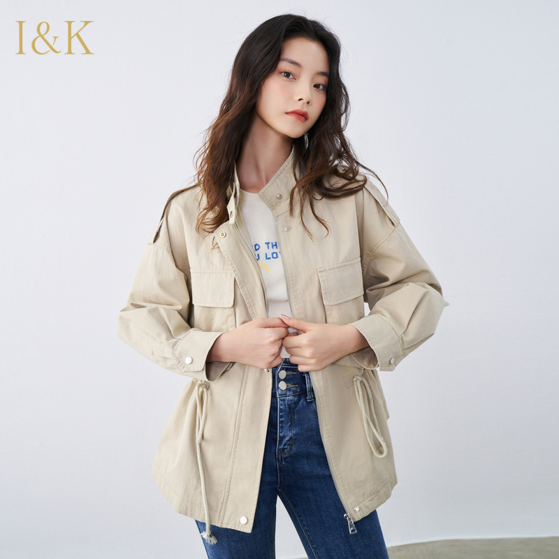 爱客2021年秋季新款时尚外套女韩版浅色休闲小众百搭抽绳长袖上衣
