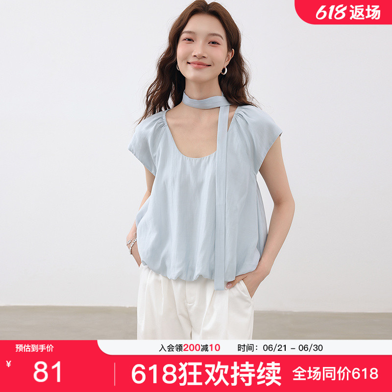 爱客法式衬衫女上衣2025夏季清新甜美简约纯色宽松短款泡泡袖衬衣