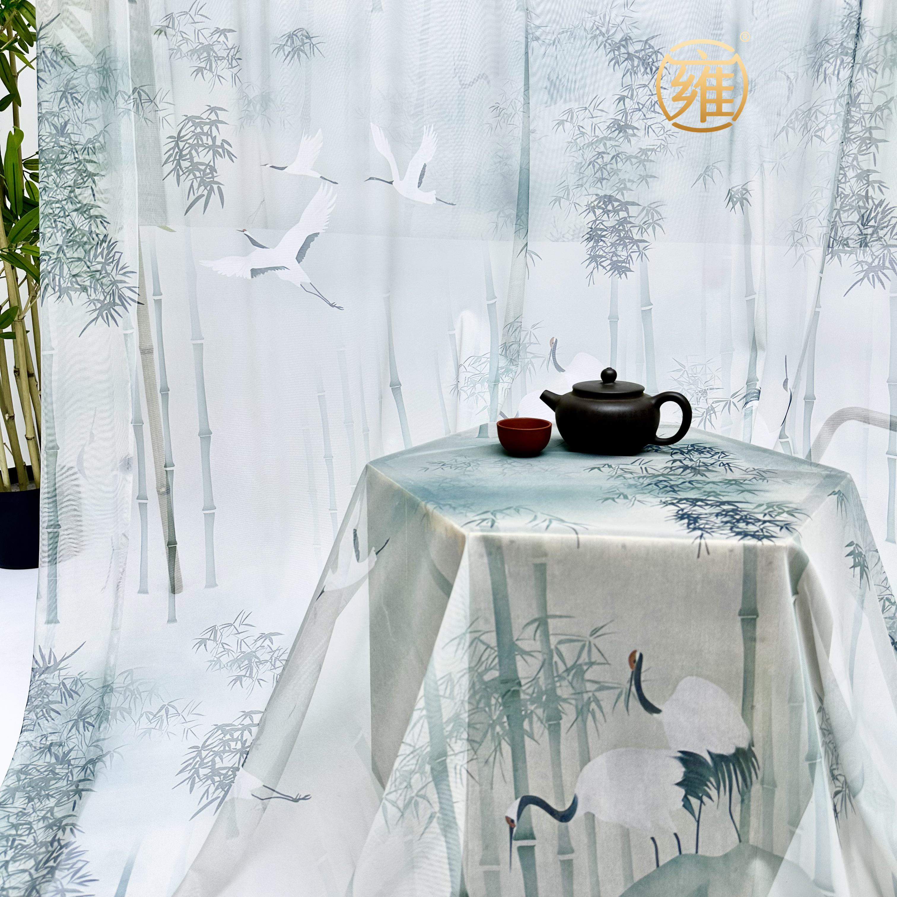 新中式古风古典竹林白鹤纱幔 半透明网纱印花布书房琴行装饰纱幔