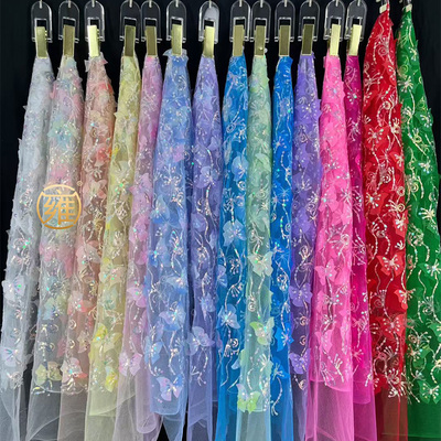 多色蝴蝶亮片绣花布料立体蕾丝网纱布时尚连衣裙上衣婚纱花边辅料