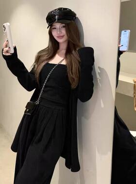 黑色开衫外套吊带阔腿裤三件套装女百搭显瘦慵懒风时尚套装