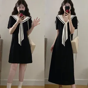 大码学院风海军领黑色连衣裙女