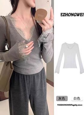 灰色V领蕾丝拼接拉丝c女式秋裤修身内衣裤可以穿在外面1027r