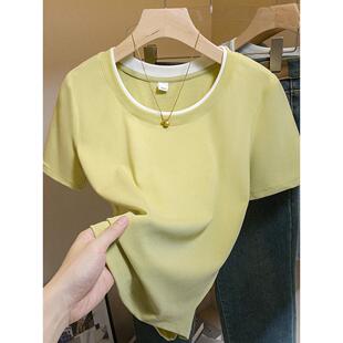 加码女性右肩短袖t恤夏季新胖女孩覆盖肉和苗条的外观对比色0306w