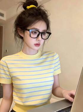 夏季黄色冰丝条纹针织衫短袖T恤女修身圆领设计感小众温柔风0508e