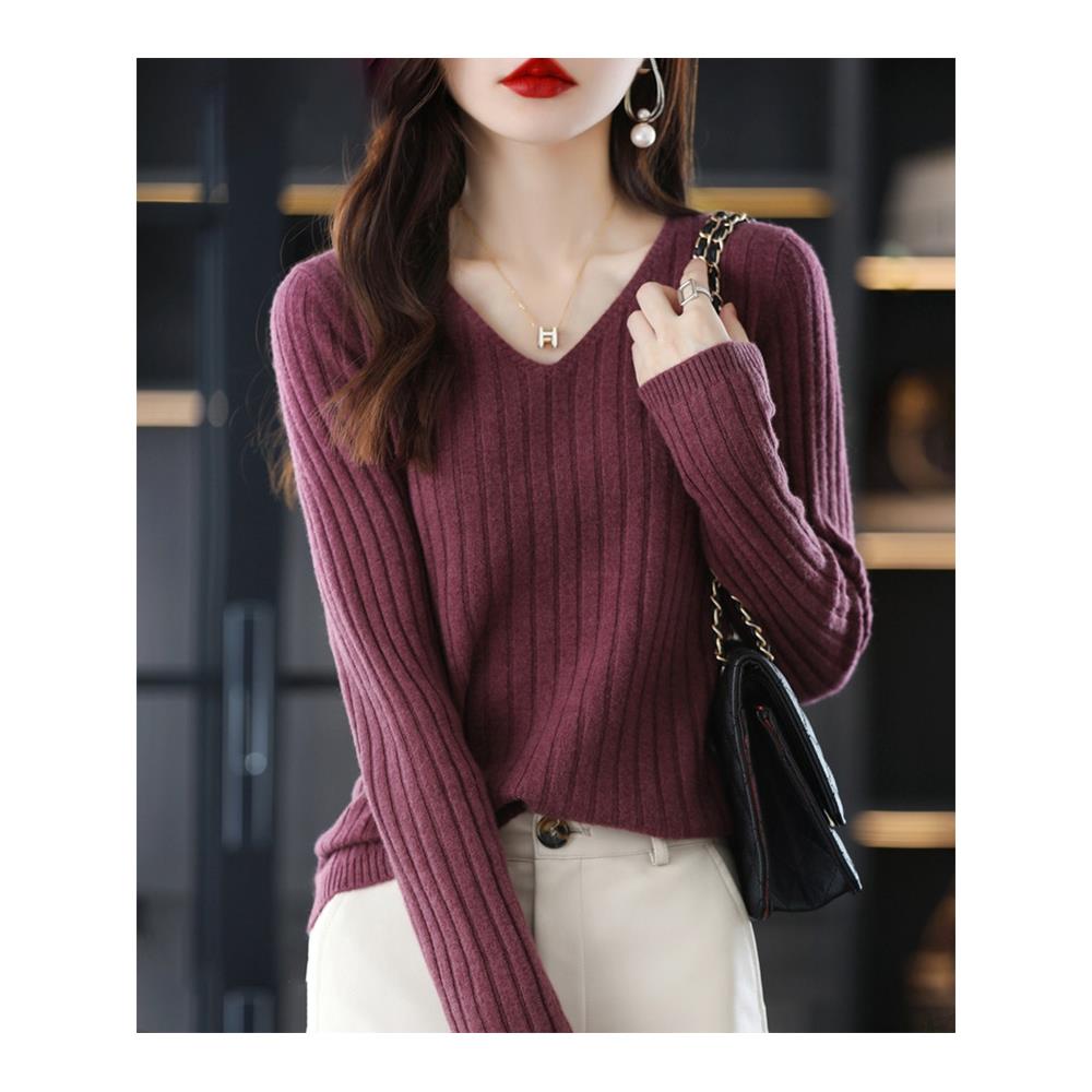 酒红色女式V领针织品季内层衬衫柔软高质量打底内搭上衣1204w