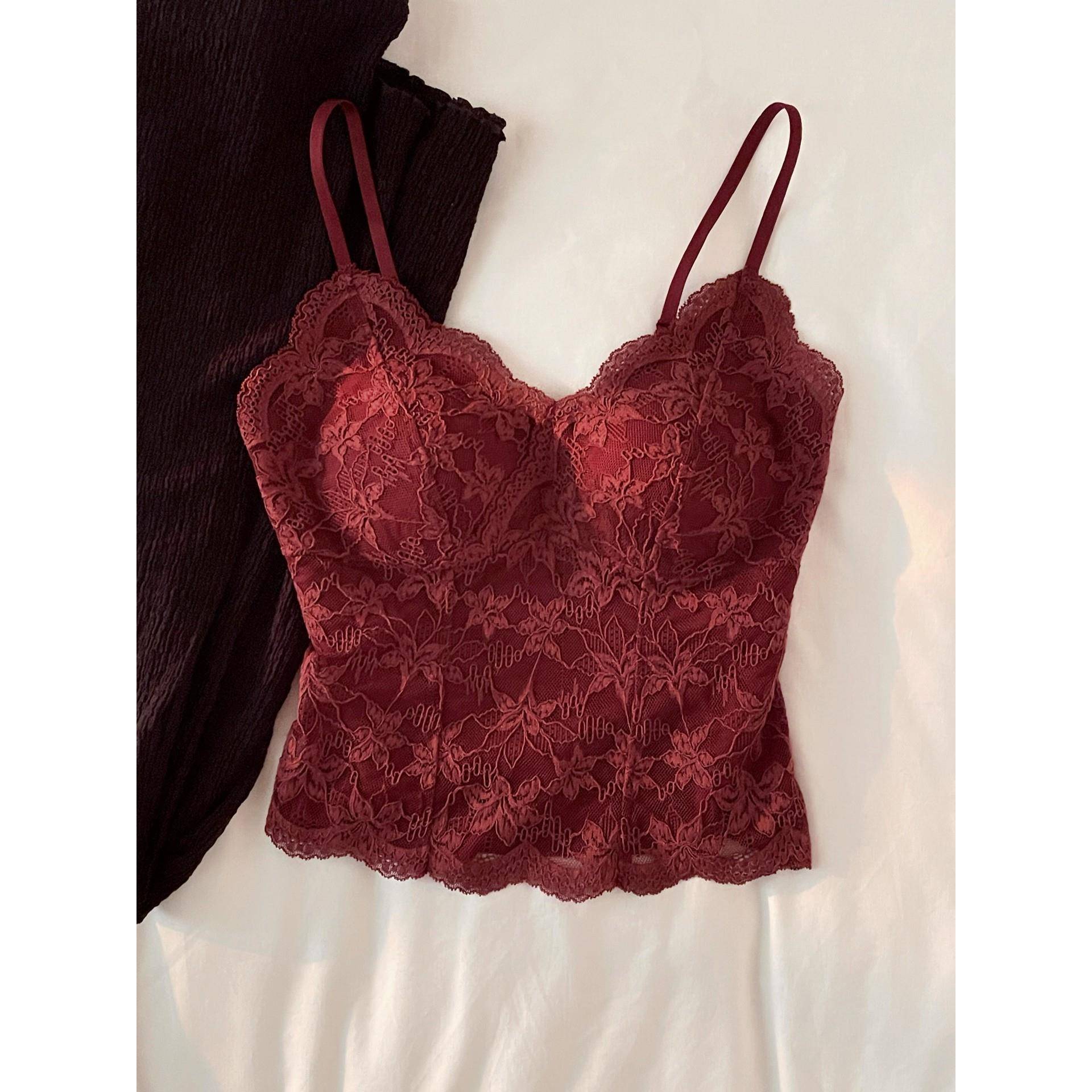 酒红色蕾丝加绒背心吊带女文胸一体马甲线鱼骨胸衣内搭保暖1112r